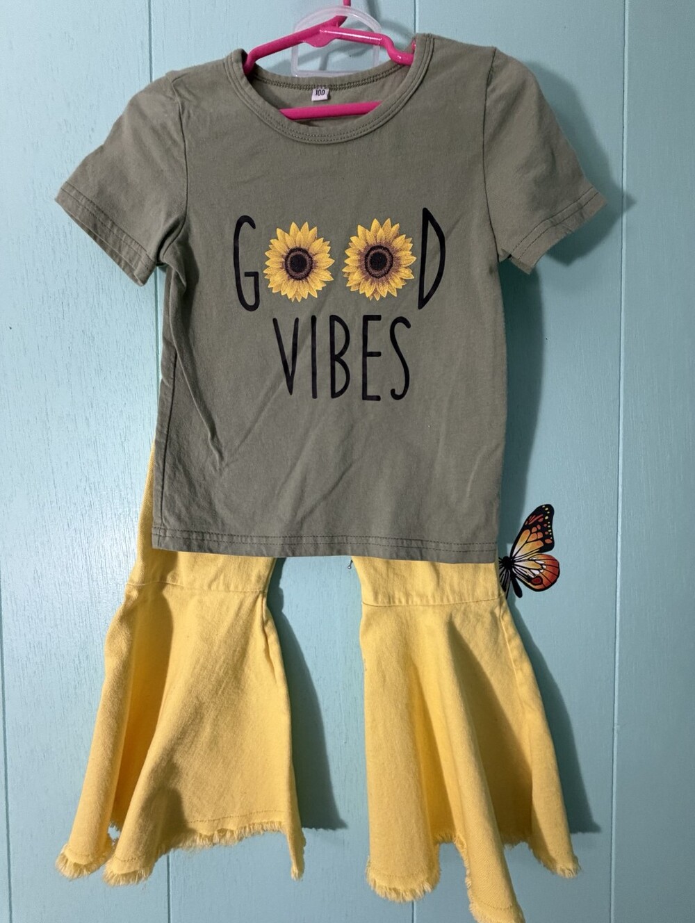 Kids Matching Set - Olive Green 'Good Vibes' Tee & Yellow Bell Pants